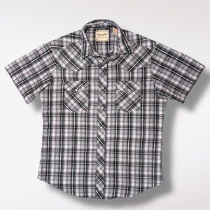 Wrangler Western Plaid Snap Shirt Short Sleeve Black Gray Men’s Large